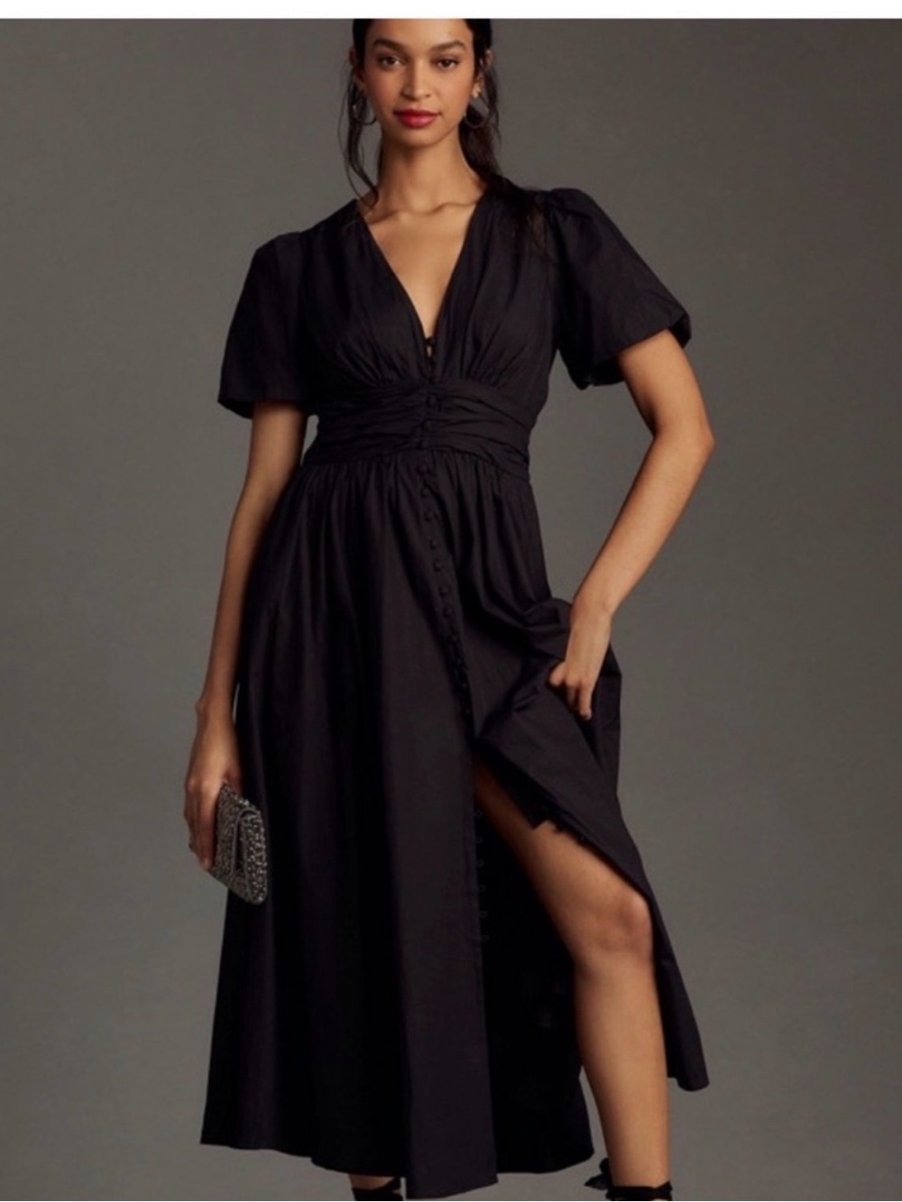 Black Katerina V-Neck Midi Dress with Button Front